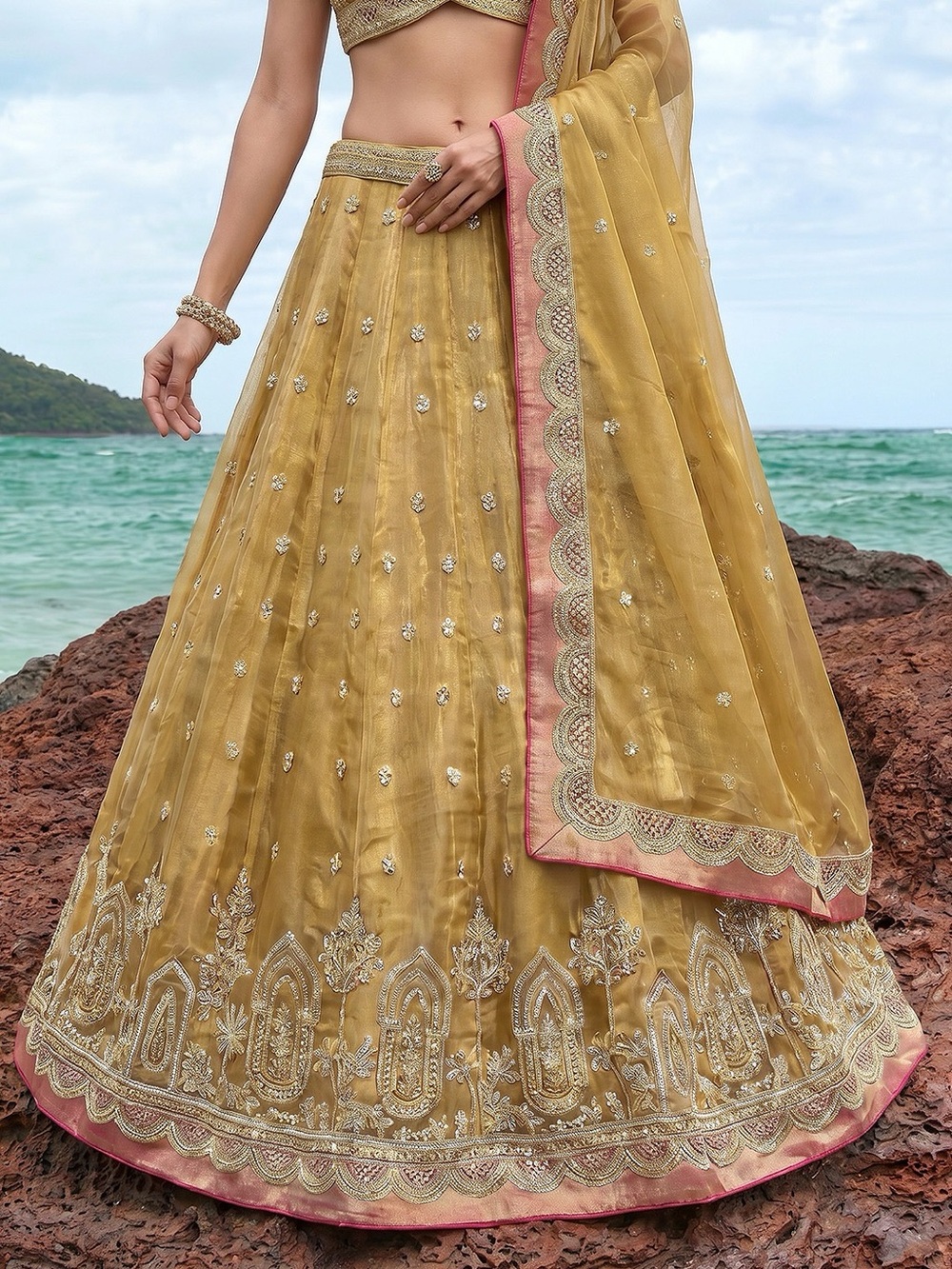 Embroidered Mustard Yellow Bridal Lehenga Skirt